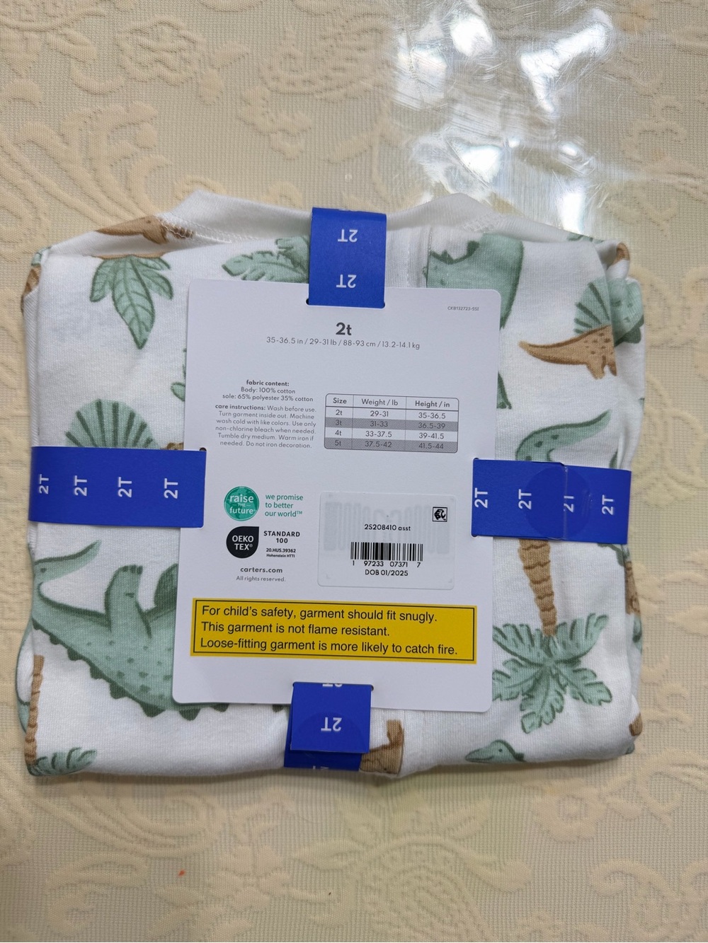 Carter's White Footed Pajama with Green & Brown Dinosaur Print - Picture 3 of 4
